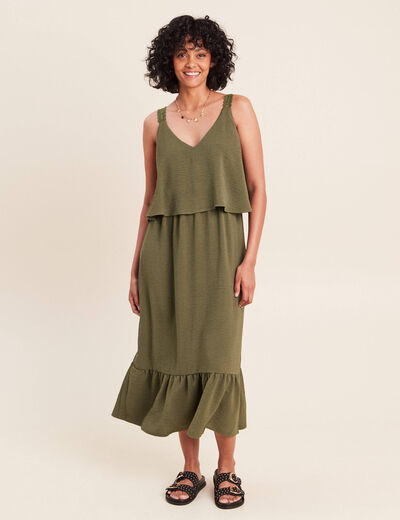 Robe fluide &eacute;vas&eacute;e &agrave; fines bretelles vert kaki femme