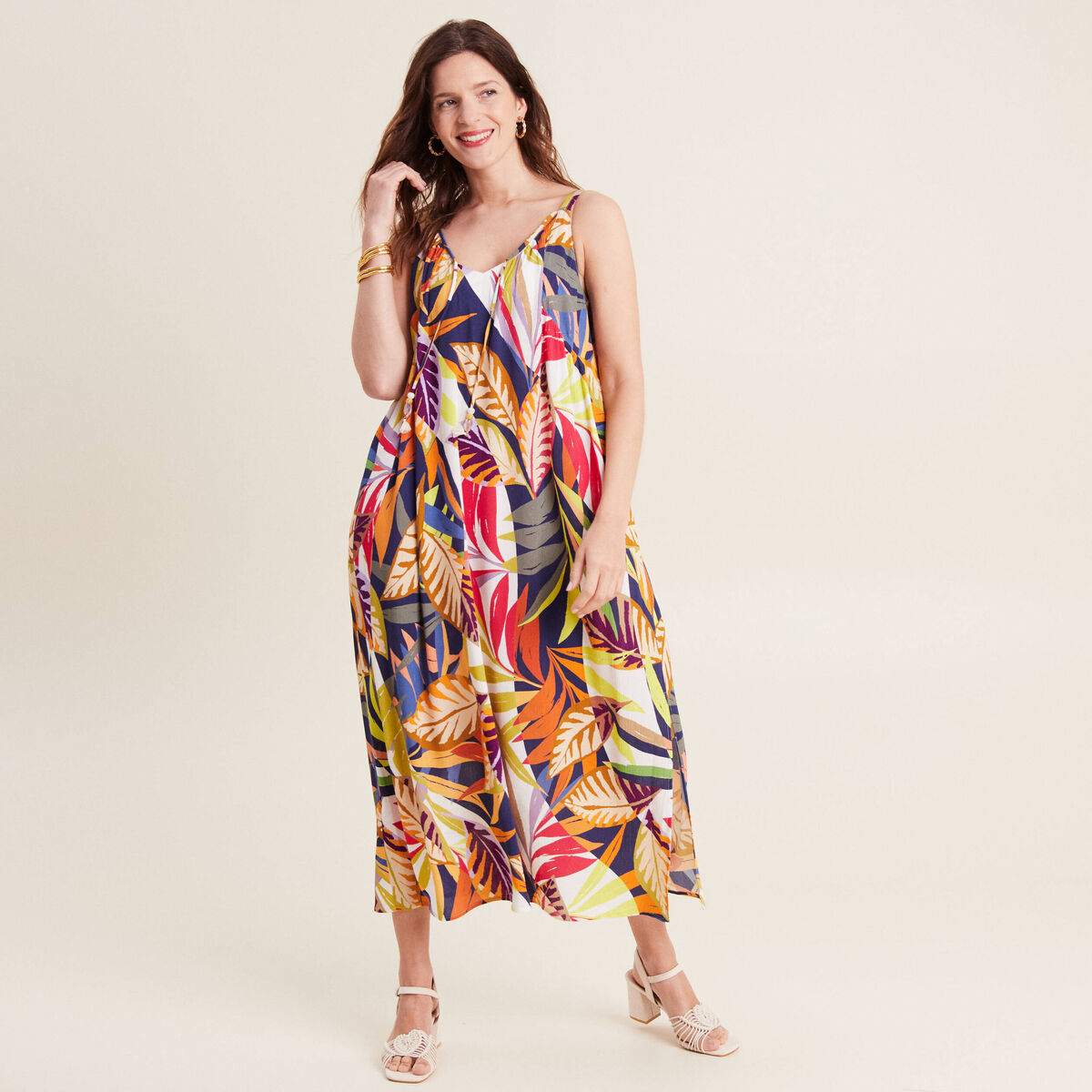 Robe longue évasée fluide multicolore femme