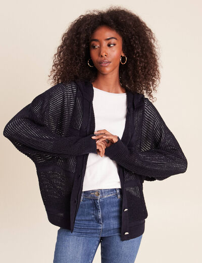 Gilet ajour&eacute; &agrave; capuche manches longues bleu marine femme