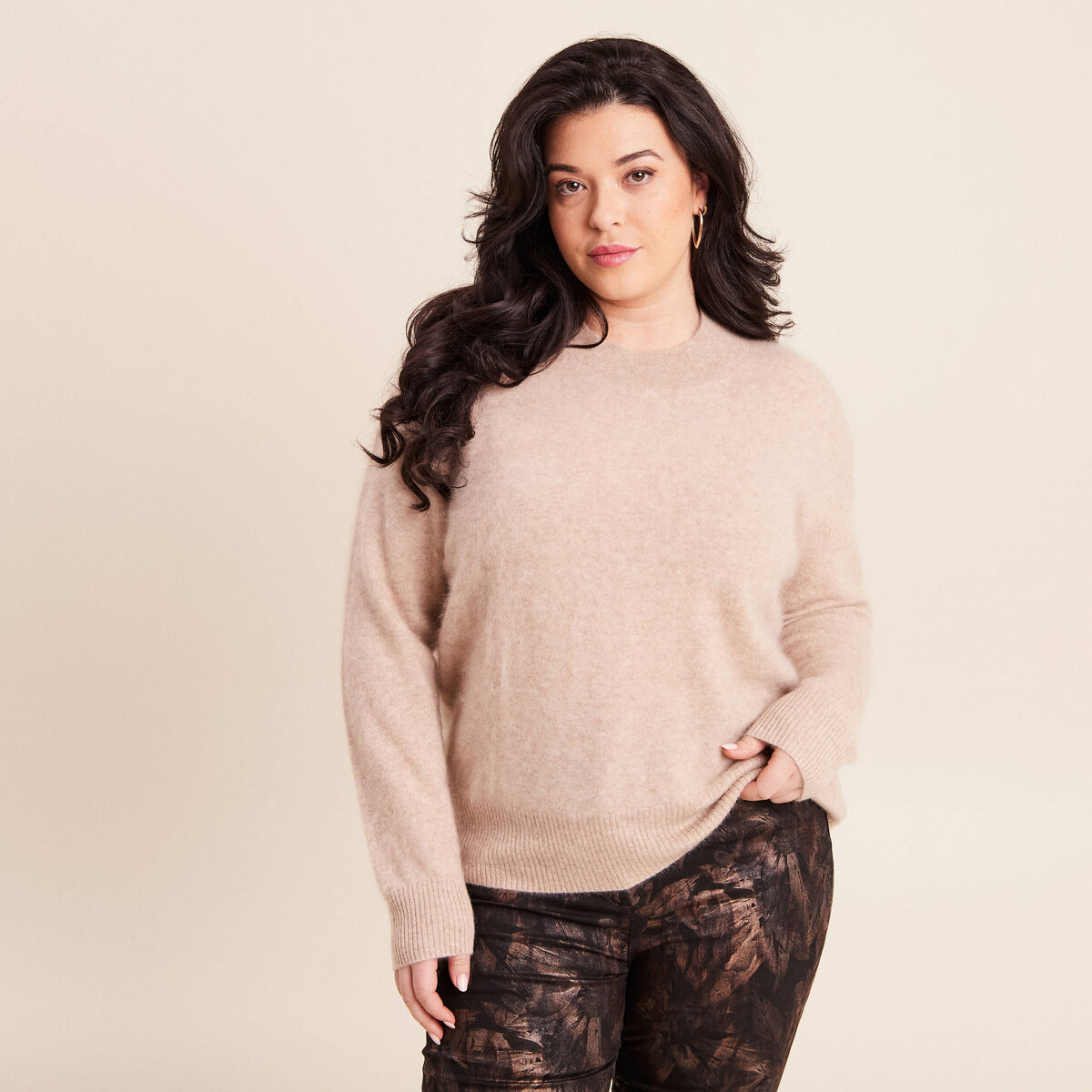 Pull cachemire col montant sable femme