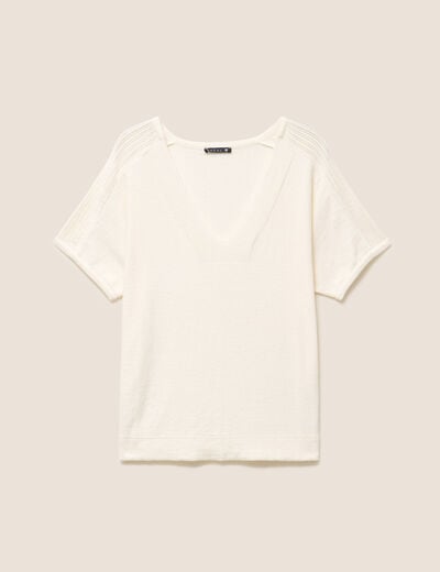 Pull droit col v manches courtes ecru femme