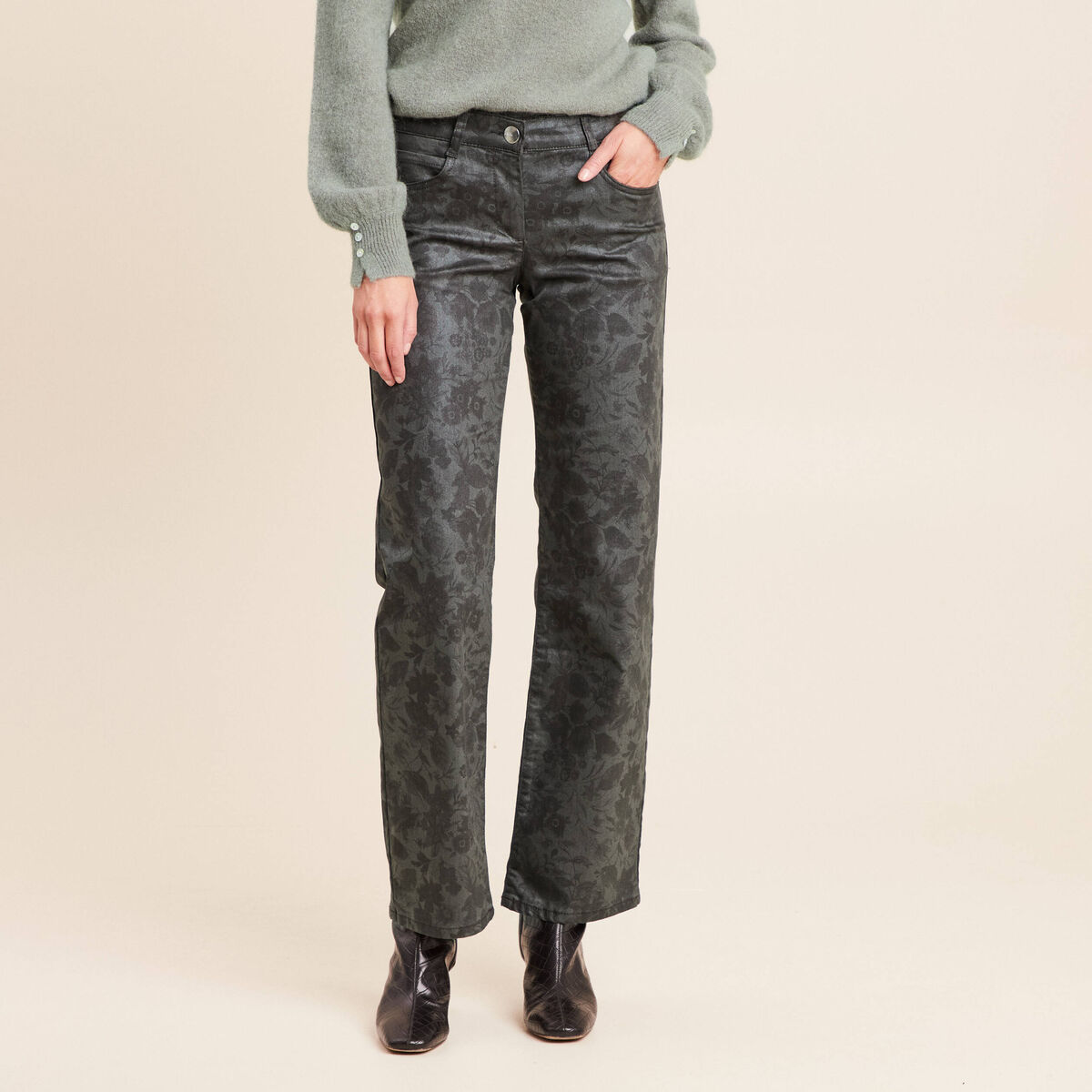 Pantalon taille bascul&eacute;e vert femme