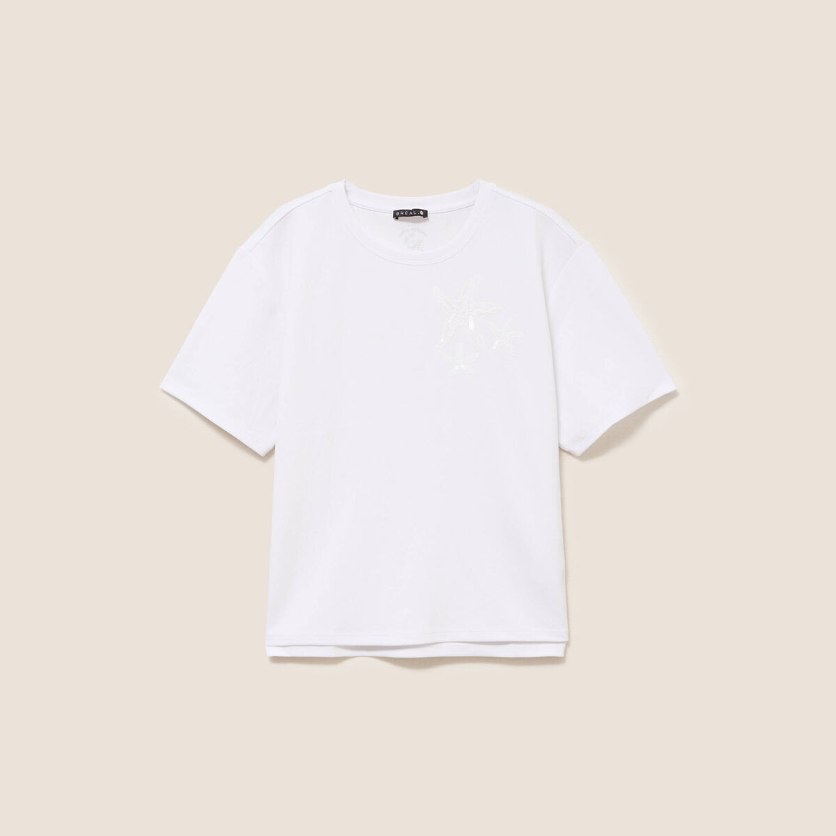 T-shirt col rond manches courtes sequins blanc femme