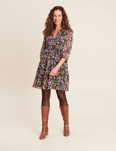 Robe évasée manches 3/4 noir femme