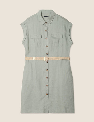 Robe chemise droite ceinturée vert clair femme