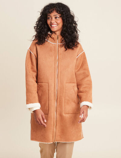 Manteau suédine à capuche marron femme