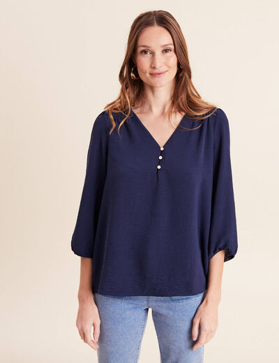 Blouse col v manches 3/4 fluide bleu marine femme