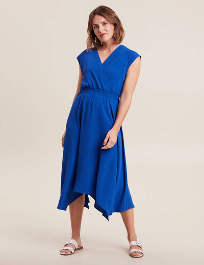 Robe évasée taille smockée bleu electrique femme