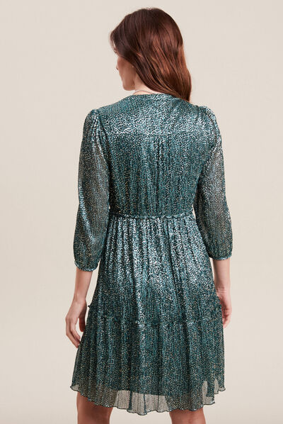 Robe évasée plissée vert foncé femme