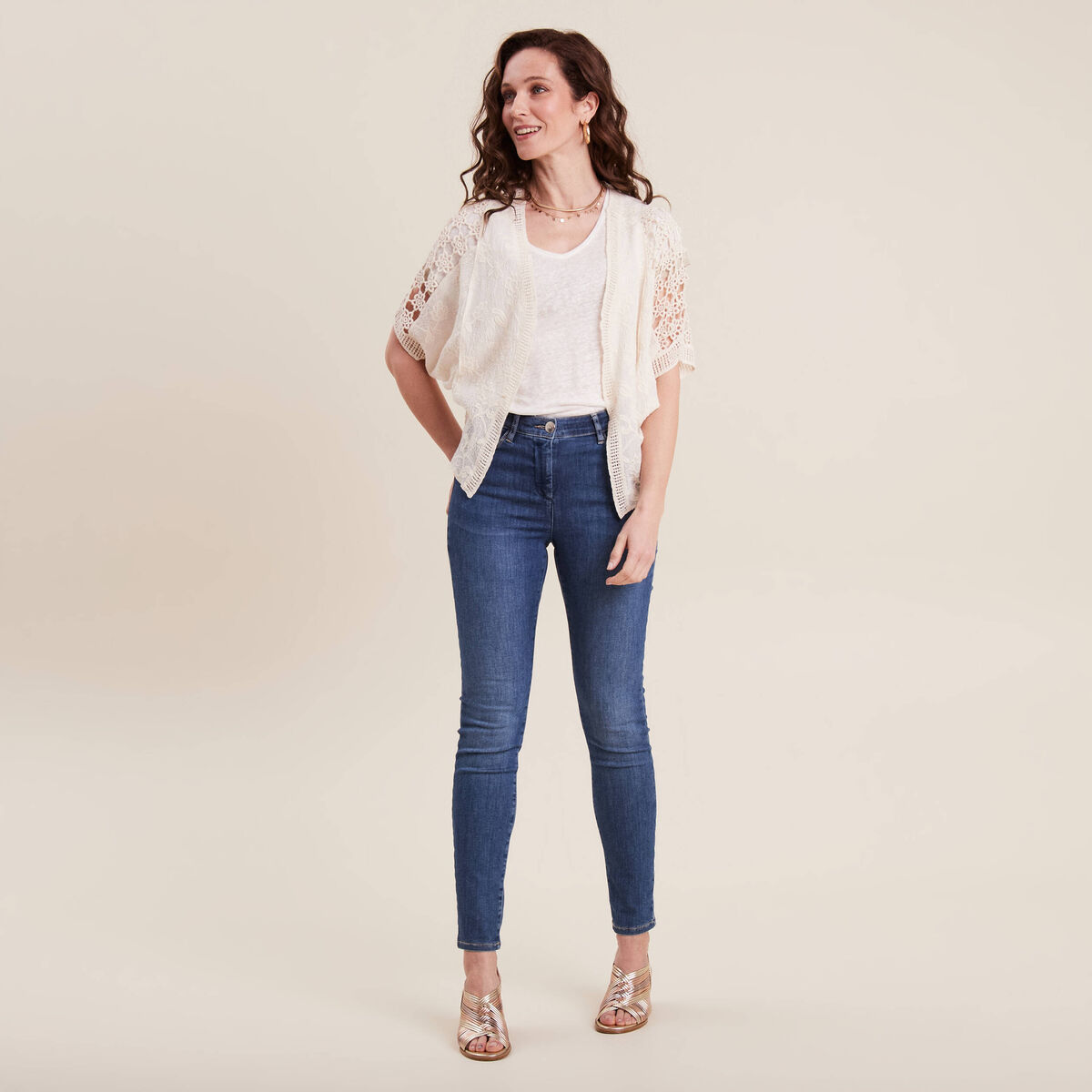 Gilet manches courtes dentelle ivoire femme