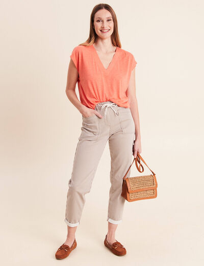 T-shirt col v manches courtes orange fluo femme