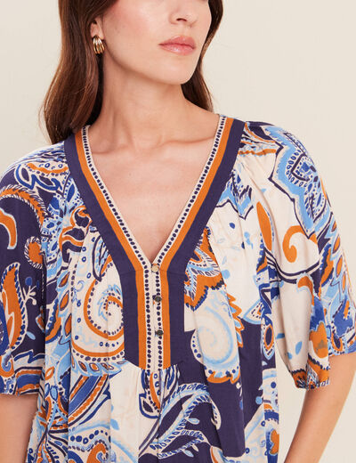Blouse ample col v manches 3/4 bleu femme