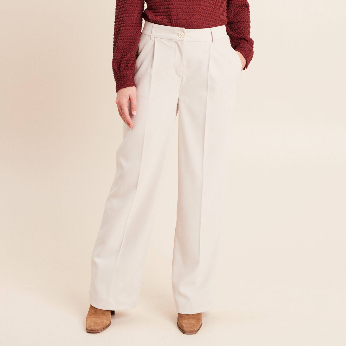 Pantalon taille haute en velours sable femme