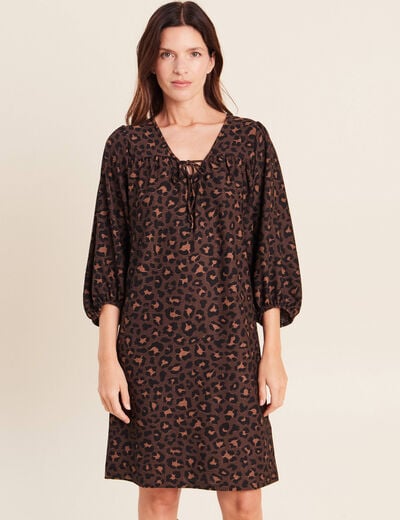 Robe courte &eacute;vas&eacute;e col v manches 3/4 marron femme