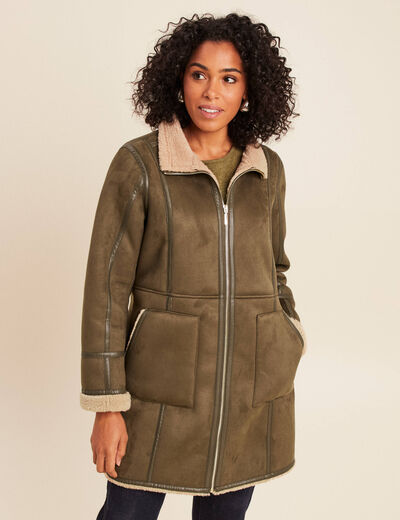 Manteau cintr&eacute; mi-long vert kaki femme