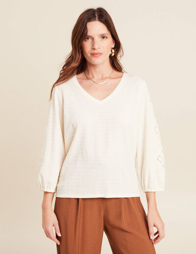 blouse macramé col V manches 3/4 ecru femme