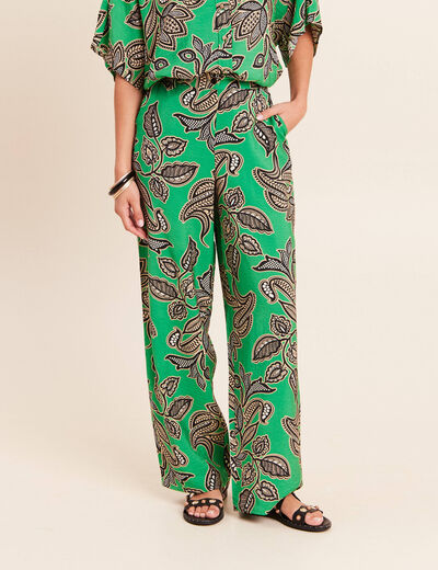 Pantalon large taille haute vert femme