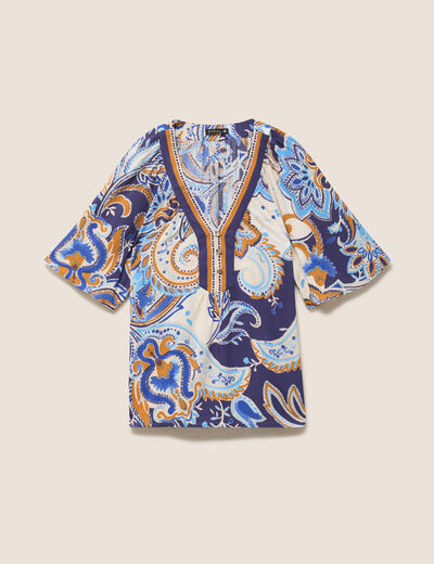 Blouse ample col v manches 3/4 bleu femme