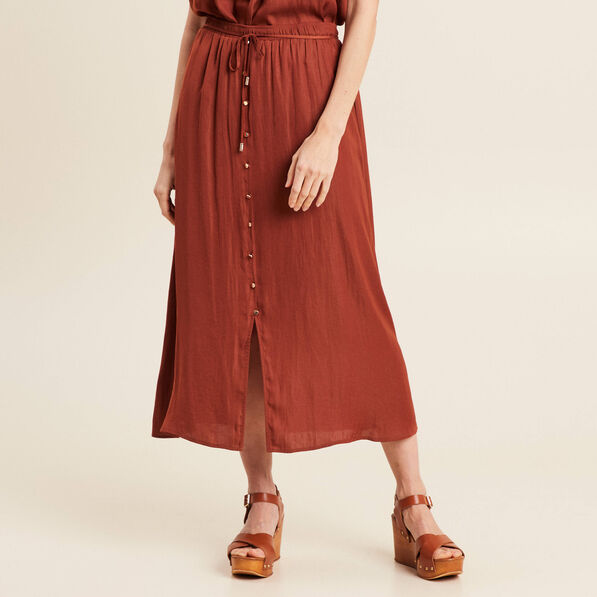 Jupe longue évasée satin marron foncé femme
