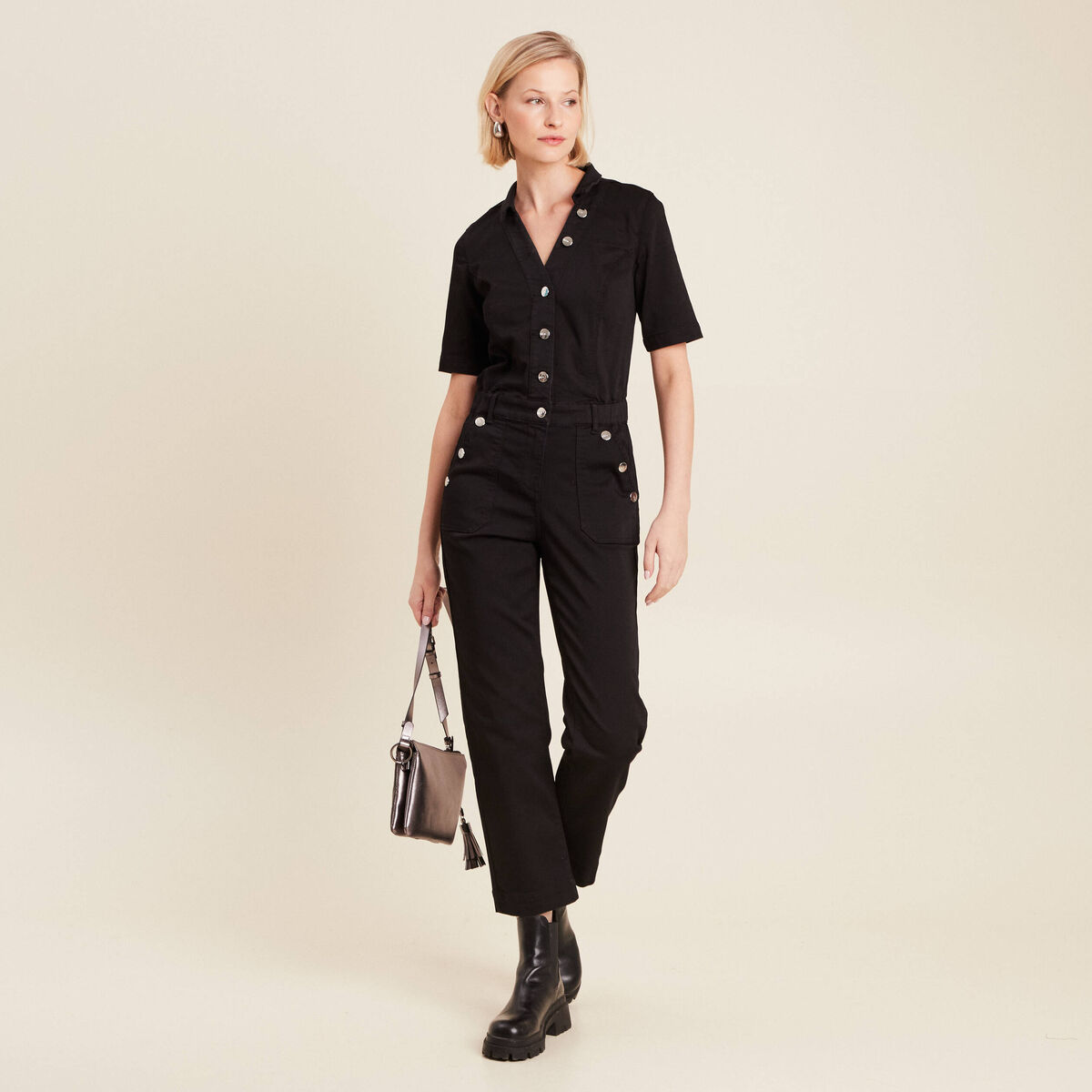 Combinaison pantalon en jean noir femme
