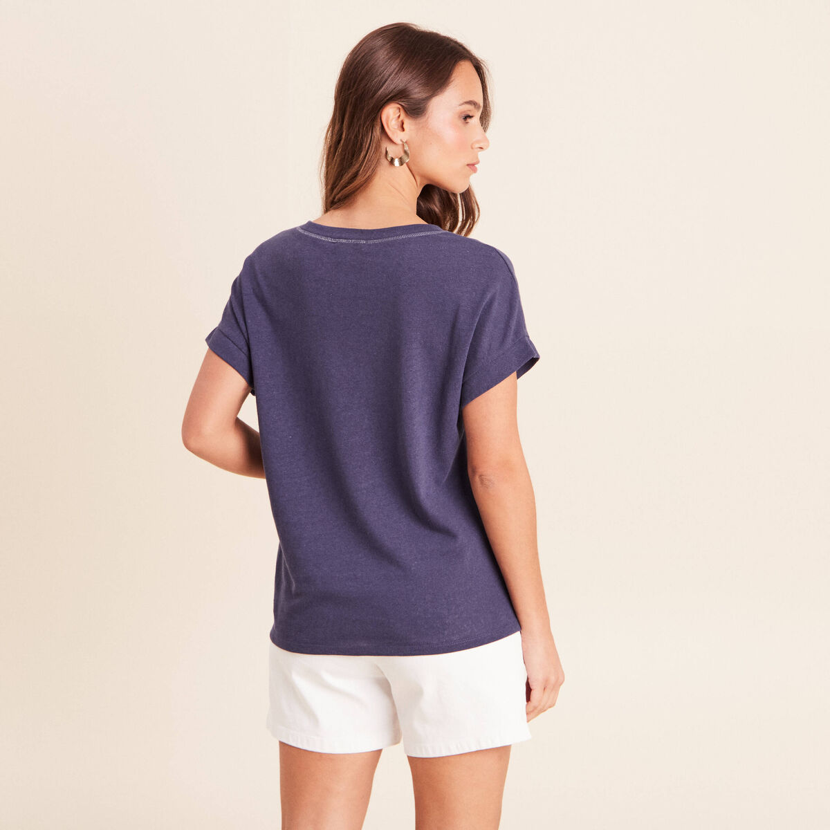 T-shirt droit cropped manches courtes bleu marine femme