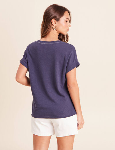 T-shirt droit cropped manches courtes bleu marine femme