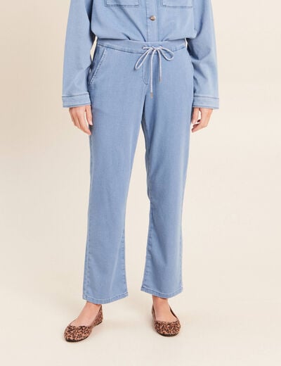 Jogging large 7/8&egrave;me en maille denim bleach femme