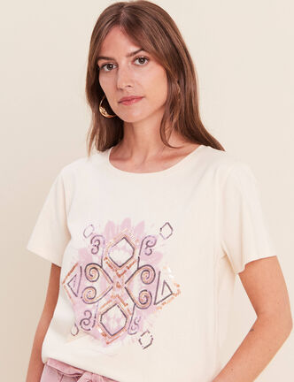 T-shirt col rond manches courtes ecru femme