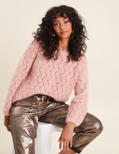 Pull manches longues ajour&eacute; vieux rose femme
