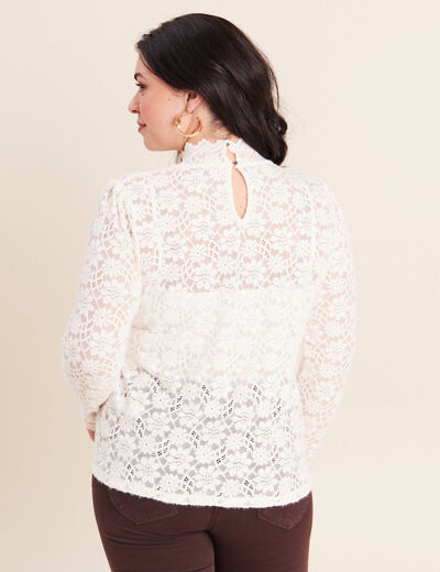T-shirt cintr&eacute; col montant dentelle ecru femme