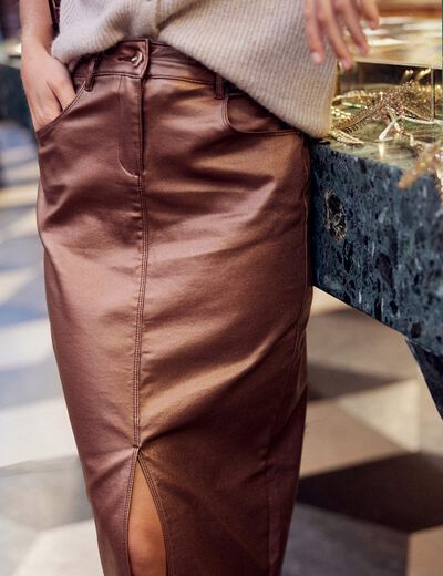 Jupe midi droite enduite couleur cuivre femme