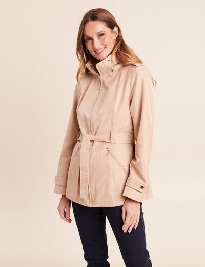 Parka droite ceintur&eacute;e beige femme