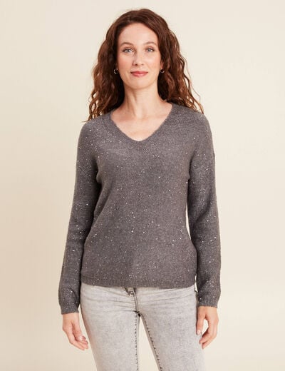 Pull col v manches longues &agrave; sequins gris fonc&eacute; femme