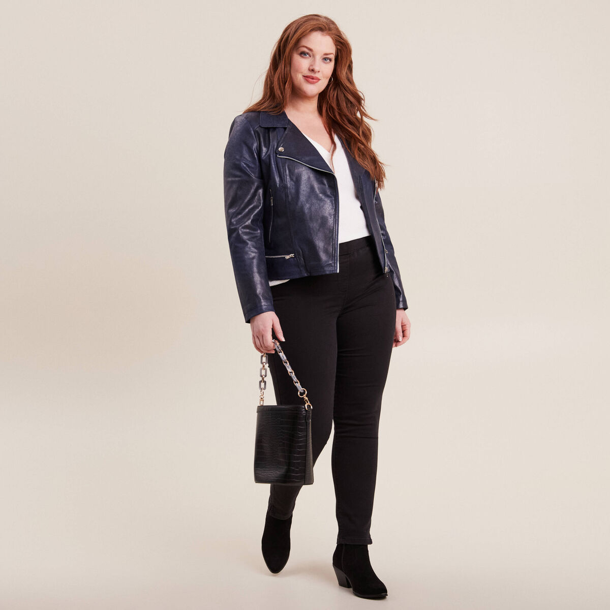 Veste esprit motard zippée bleu foncé femme