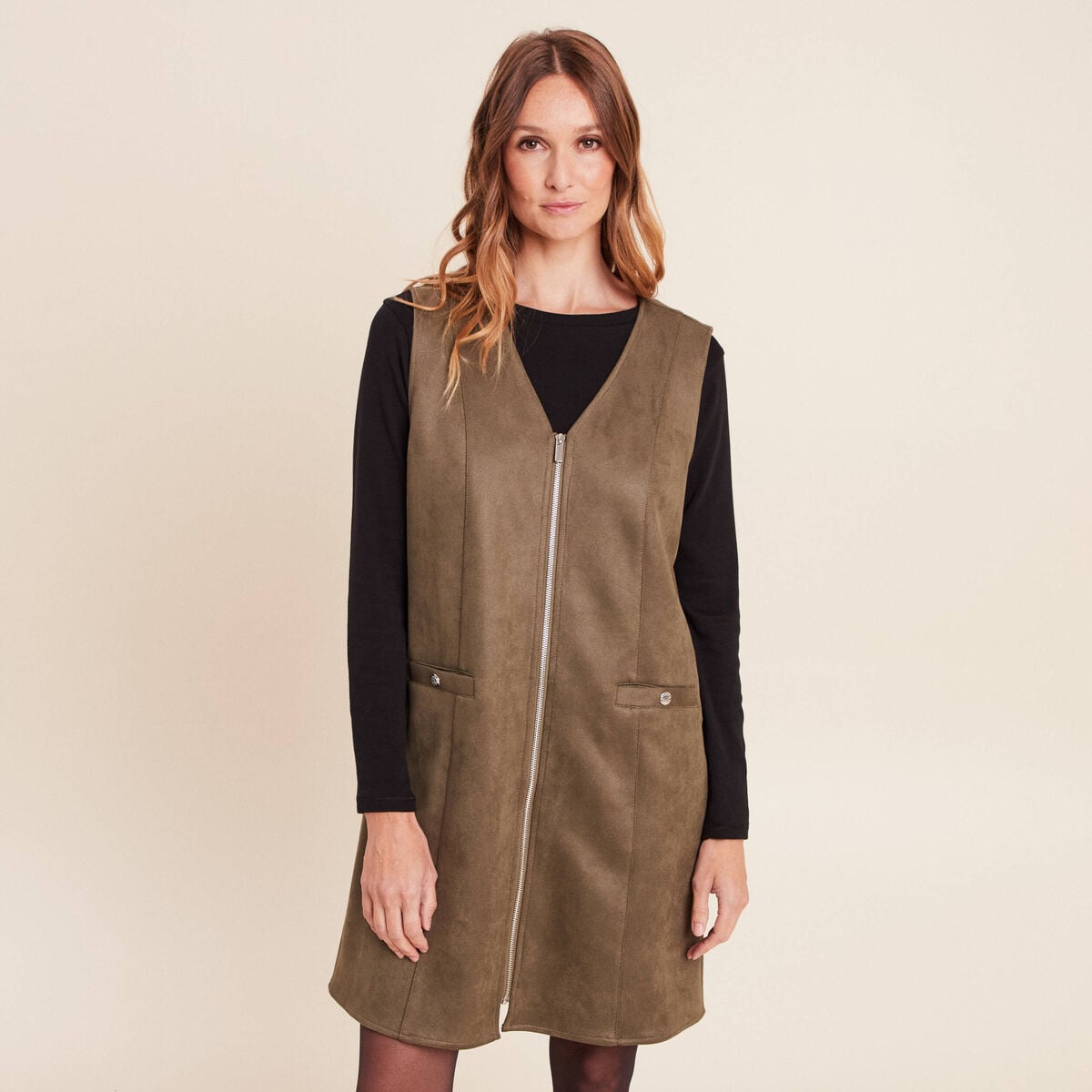 Robe chasuble su&eacute;dine vert kaki femme