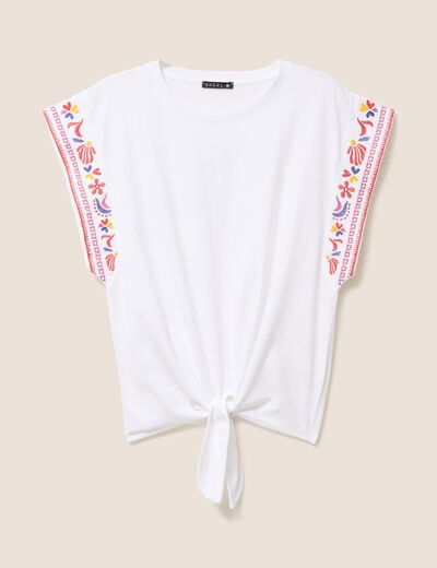 T-shirt broderie bas resserr&eacute; blanc femme