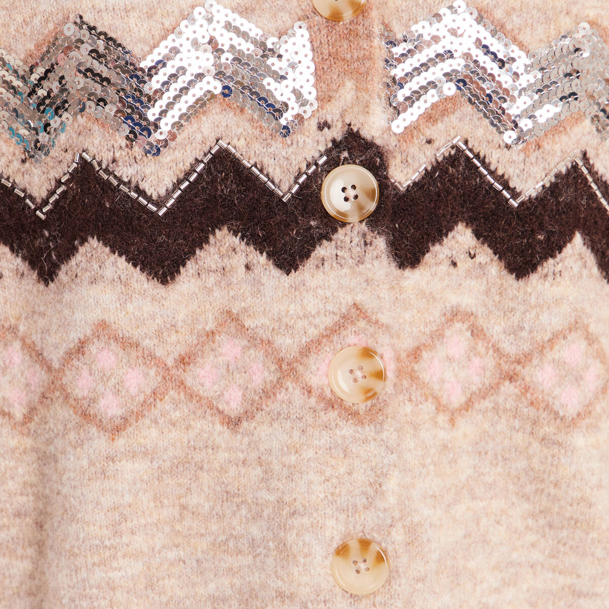 Cardigan jacquard col rond marron femme