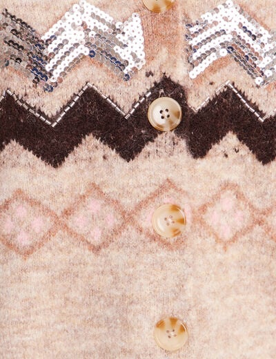 Cardigan jacquard col rond marron femme