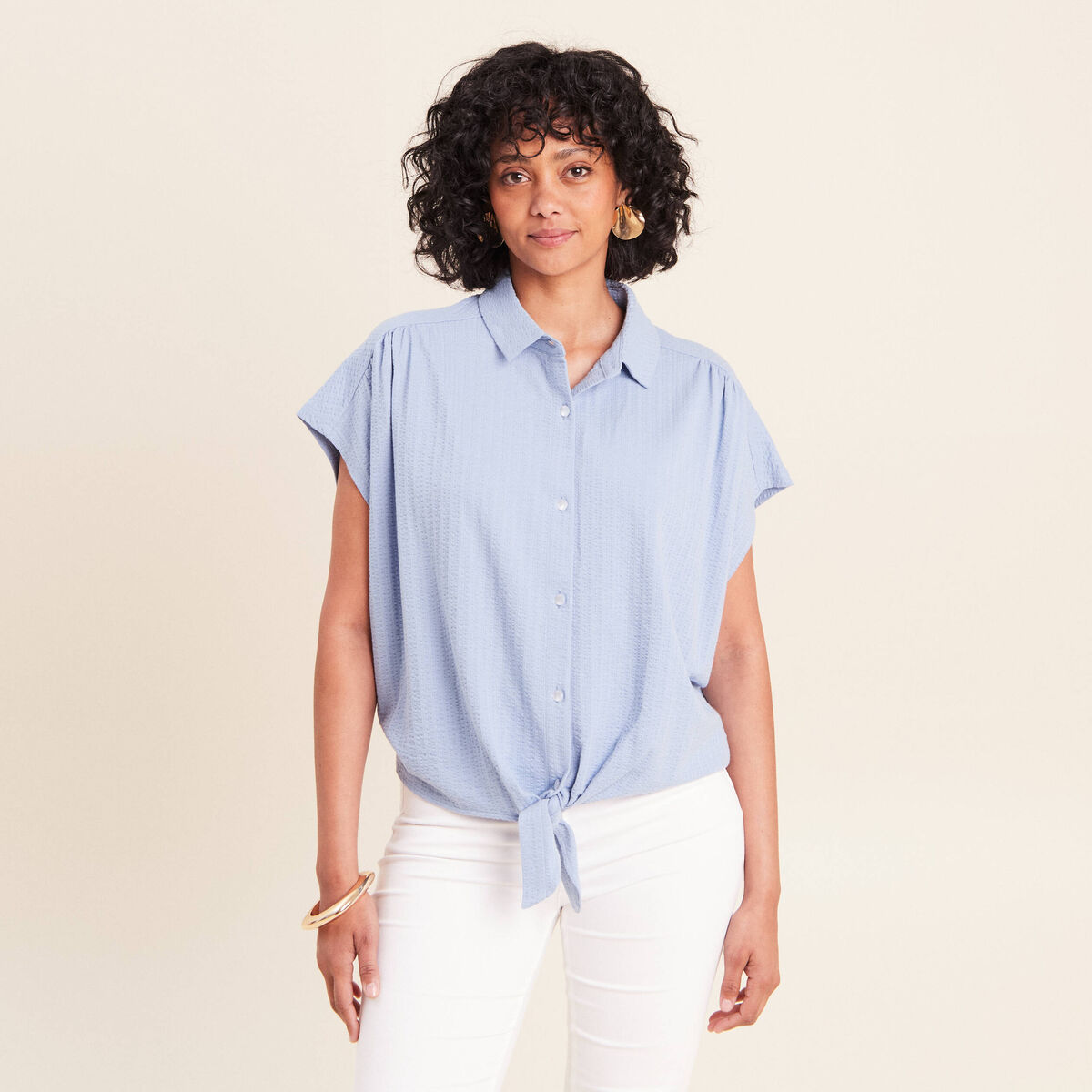 Blouse ample cropped col am&eacute;ricain bleu gris femme