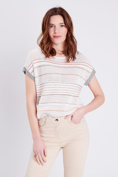 Pull manches courtes col rond ecru femme