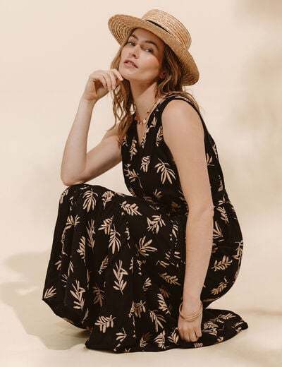 Robe longue &eacute;vas&eacute;e col v sans manches noir femme