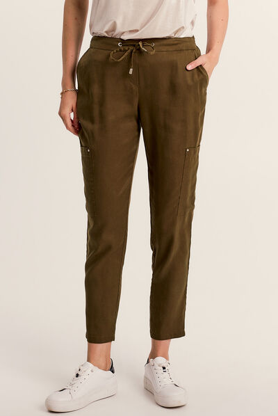 Pantalon large fluide 7/8ème vert olive femme