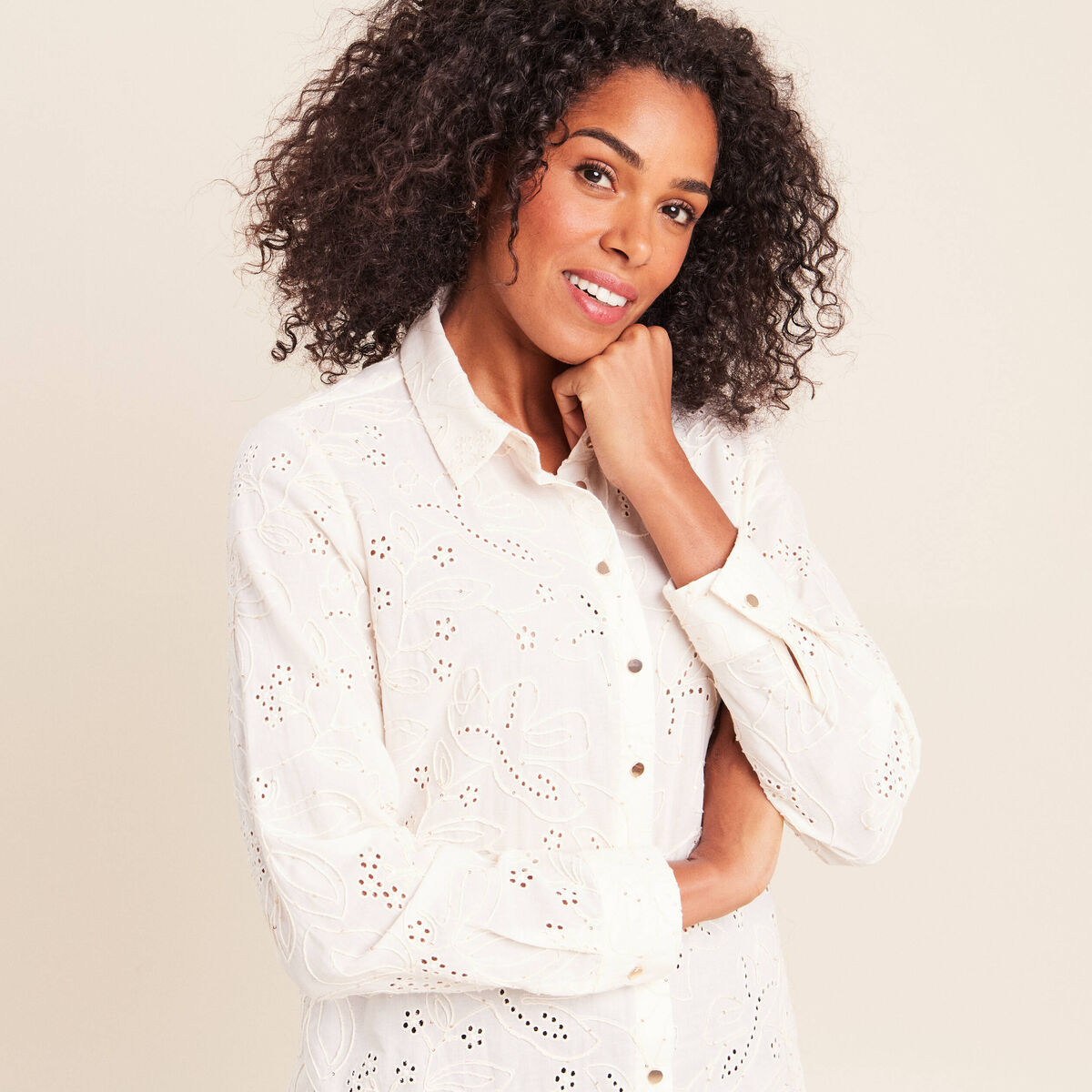 Chemise droite manches longues ecru femme