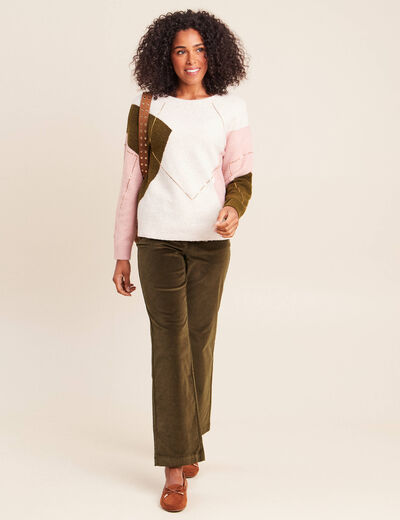 Pantalon taille haute en velours vert kaki femme