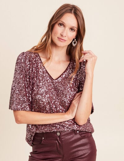 T-shirt &agrave; sequins manches coudes bordeaux femme
