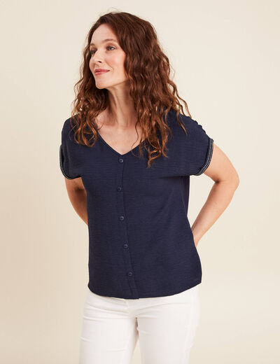 Blouse col v manches courtes bleu foncé femme