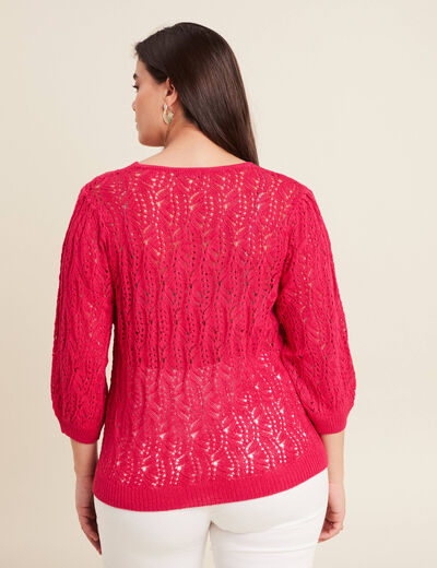 Pull manches 3/4 ajouré rose fushia femme