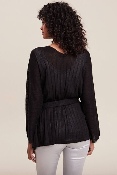 Gilet style kimono ceinturé noir femme
