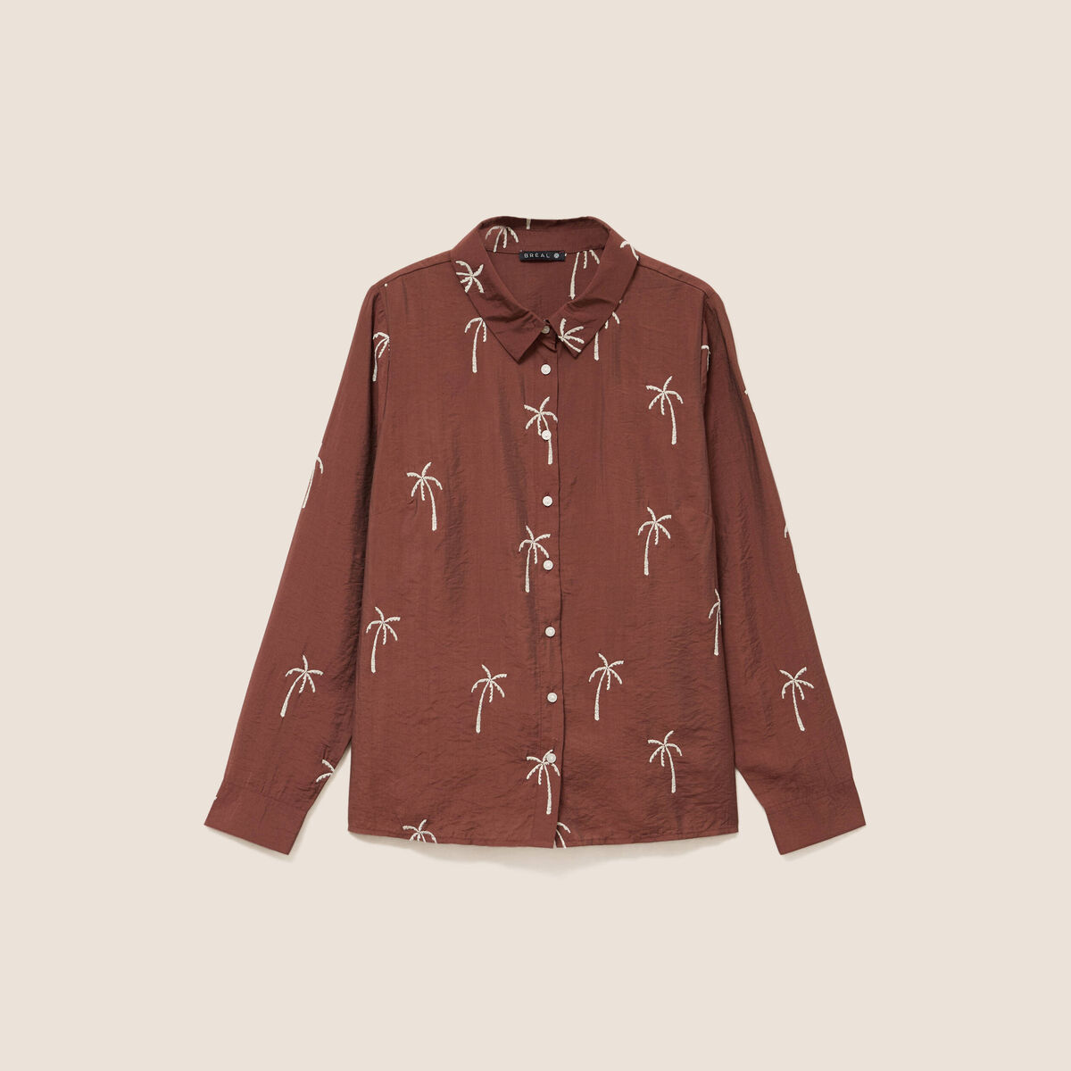 Chemise fluide brod&eacute;e manches longues marron femme