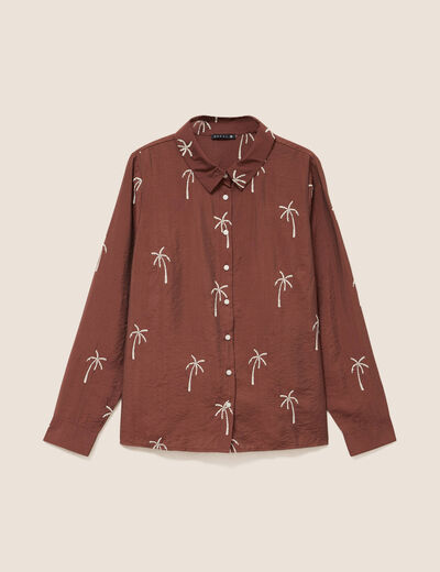 Chemise fluide brod&eacute;e manches longues marron femme